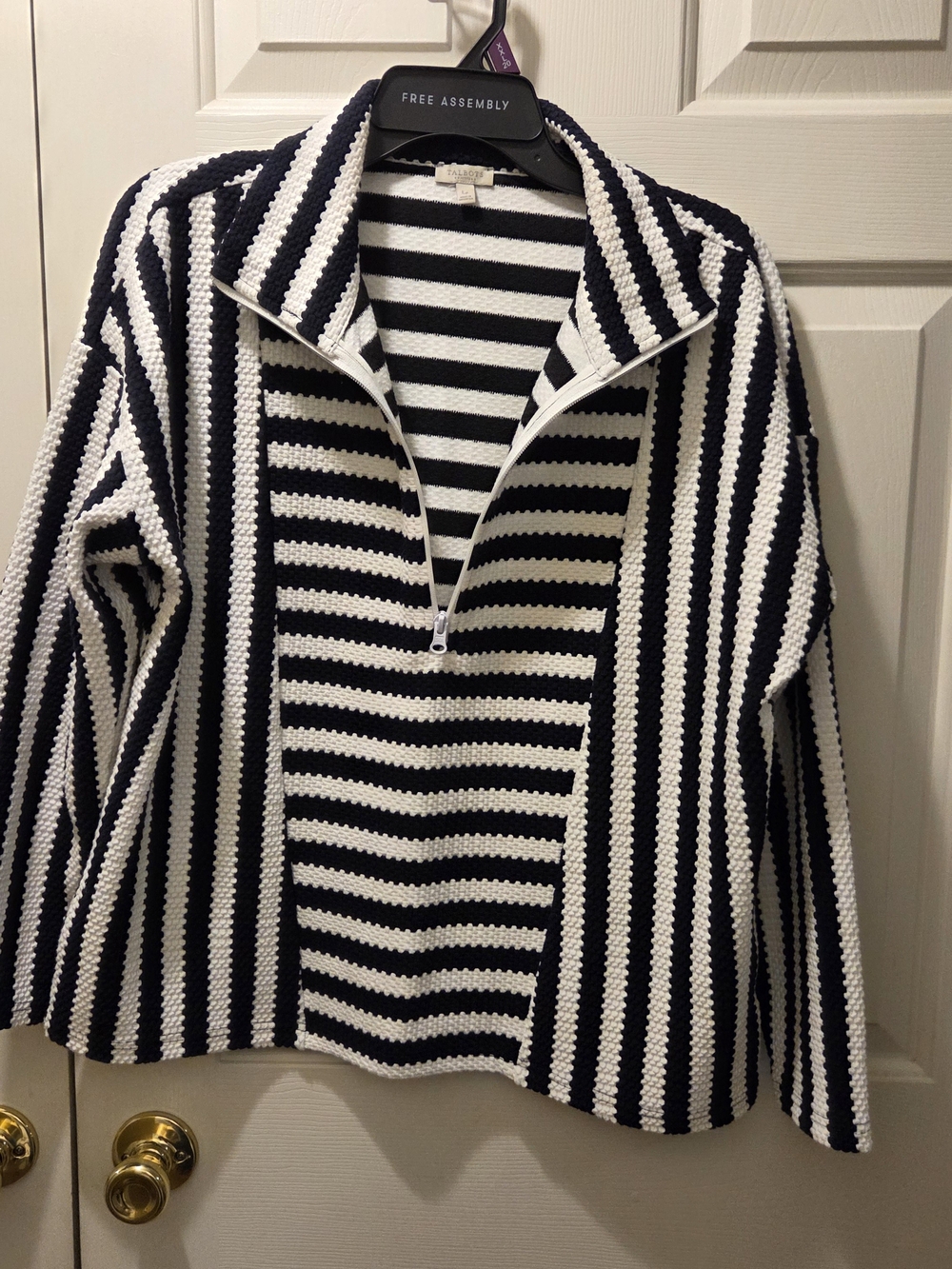 Talbots Black & White Striped Half-Zip Cowl Sweater